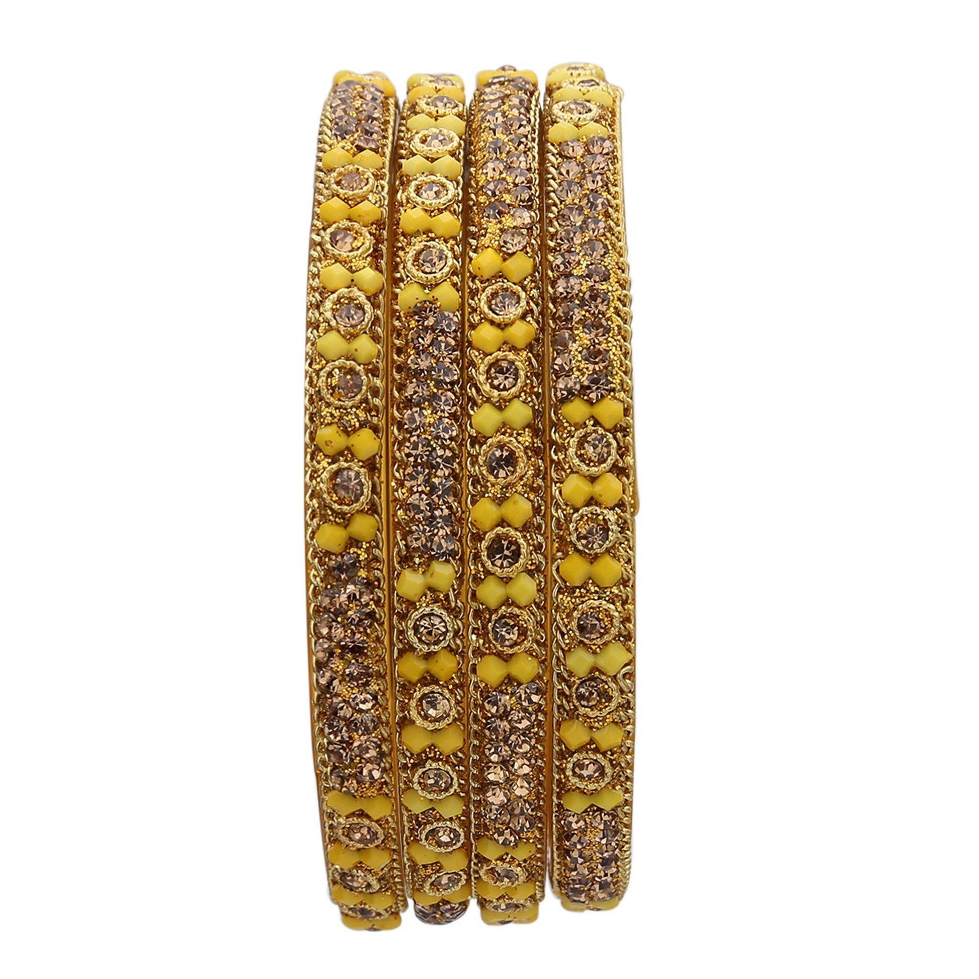 sukriti handcrafted glossy zircon crystal glass yellow bangles for women – set of 4