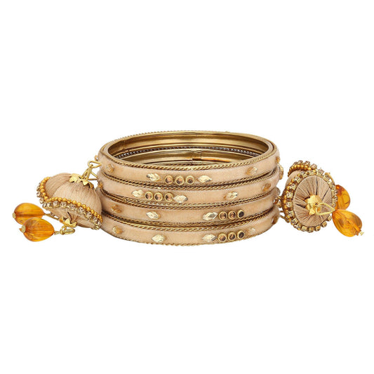 sukriti indian designer silk thread tassel latkan velvet gold bangle for girls & women–set of 4