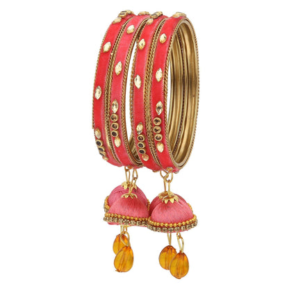 sukriti indian designer silk thread tassel latkan velvet pink bangle for girls & women–set of 4