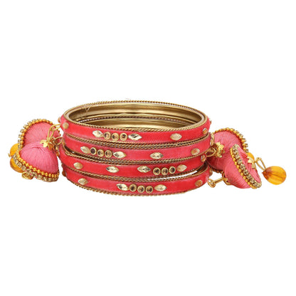 sukriti indian designer silk thread tassel latkan velvet pink bangle for girls & women–set of 4