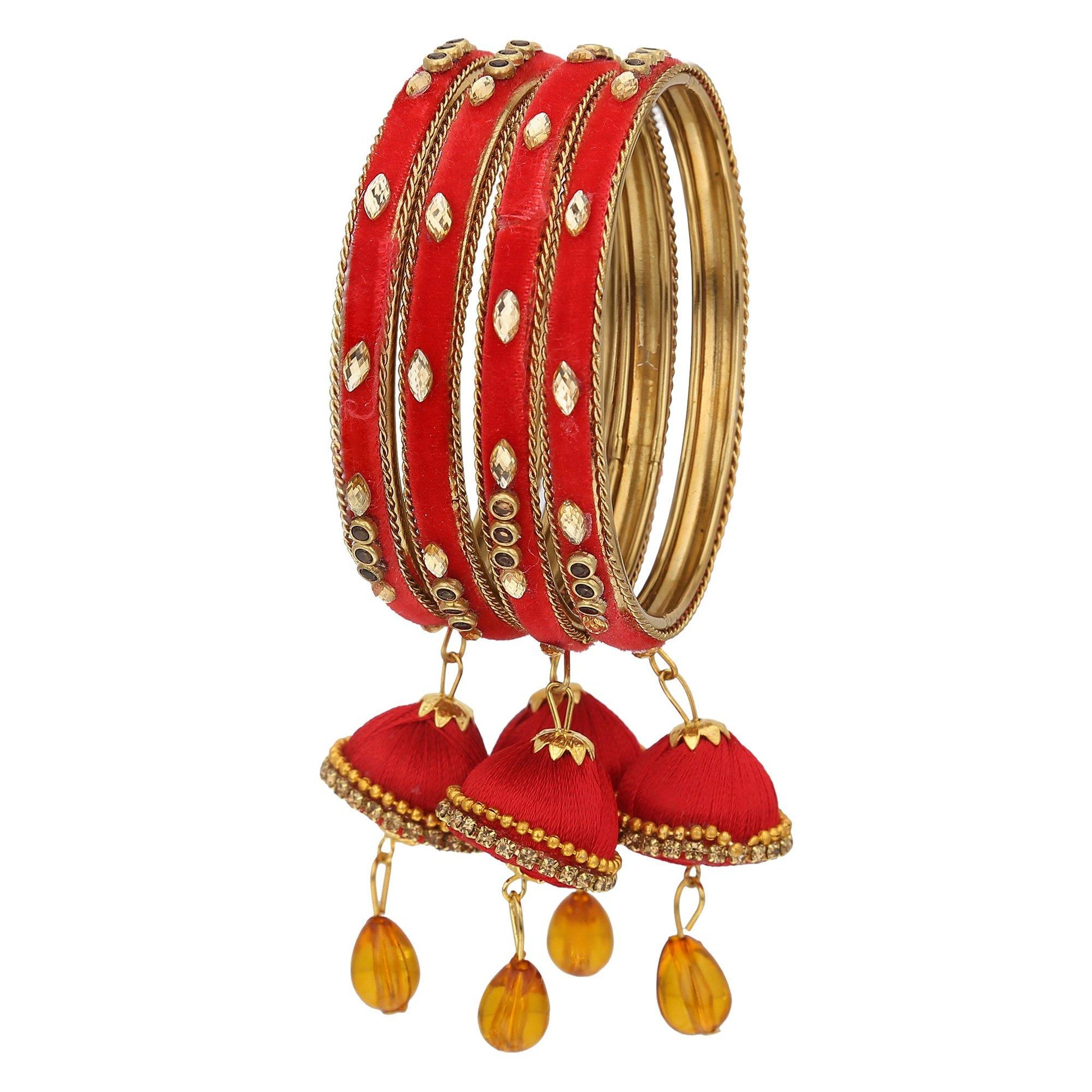 sukriti indian designer silk thread tassel latkan velvet red bangle for girls & women–set of 4