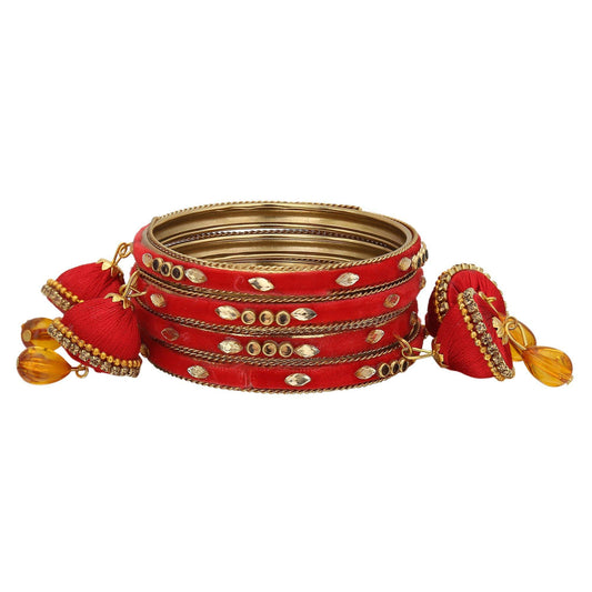 sukriti indian designer silk thread tassel latkan velvet red bangle for girls & women–set of 4