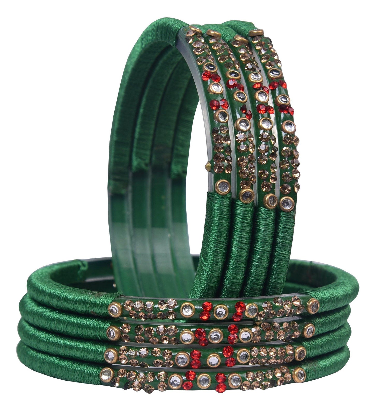 sukriti indian party wear green silk thread acrylic bangles for girls, women - set of 8