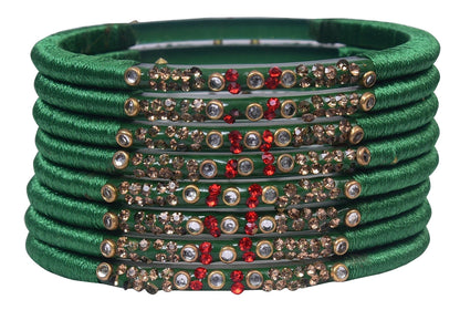 sukriti indian party wear green silk thread acrylic bangles for girls, women - set of 8