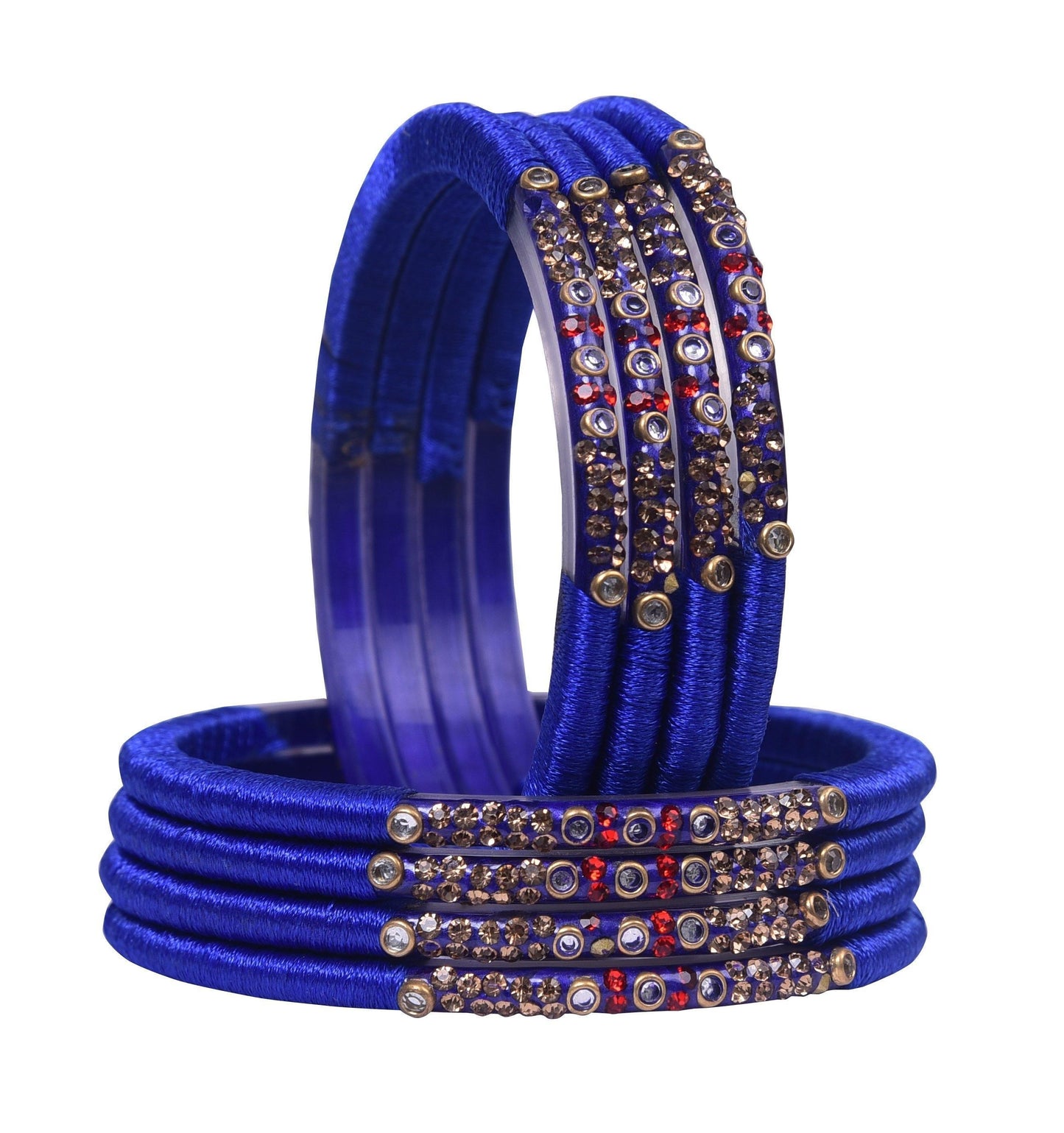 sukriti indian party wear navy blue silk thread bangles for women - set of 8  | size: 2.4