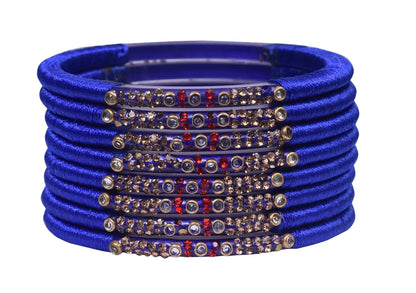 sukriti indian party wear navy blue silk thread bangles for women - set of 8  | size: 2.4