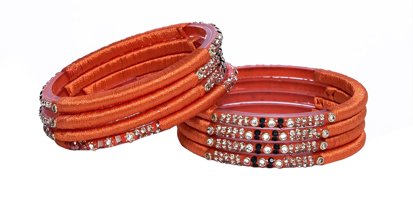 sukriti indian party wear orange silk thread acrylic bangles for girls, women - set of 8