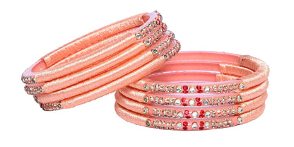 sukriti indian party wear peach silk thread acrylic bangles for girls, women - set of 8