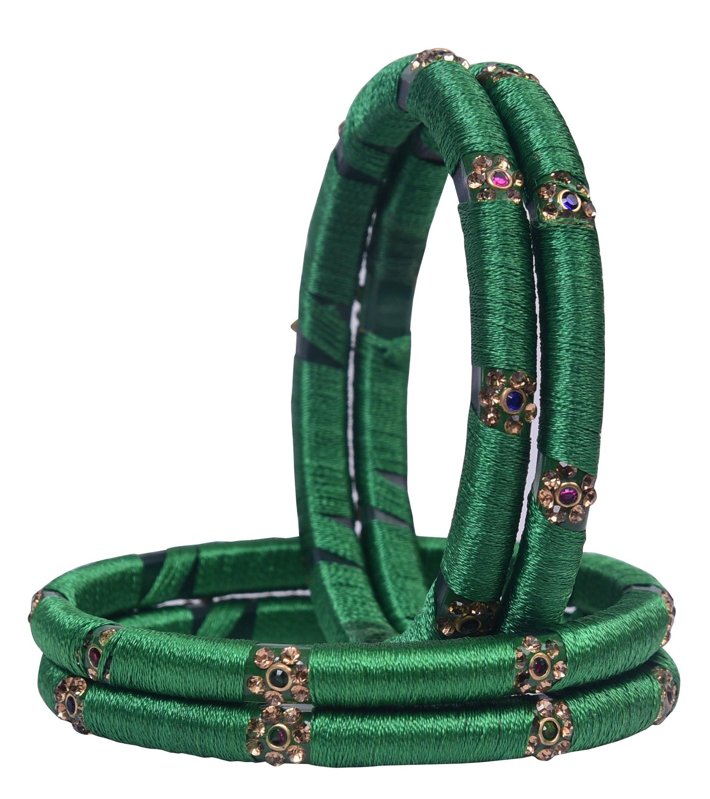 sukriti indian party wear silk thread acrylic green bangles for girls, women - set of 4