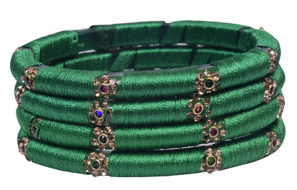 sukriti indian party wear silk thread acrylic green bangles for girls, women - set of 4