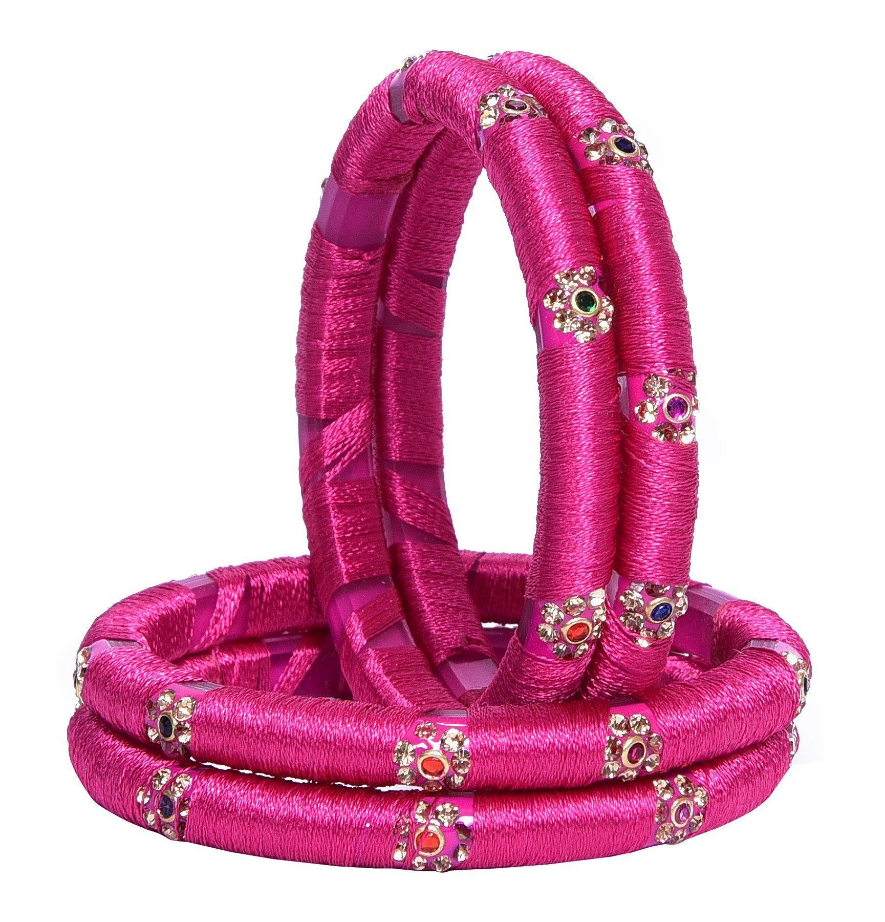 sukriti indian party wear silk thread acrylic magenta bangles for girls, women - set of 4