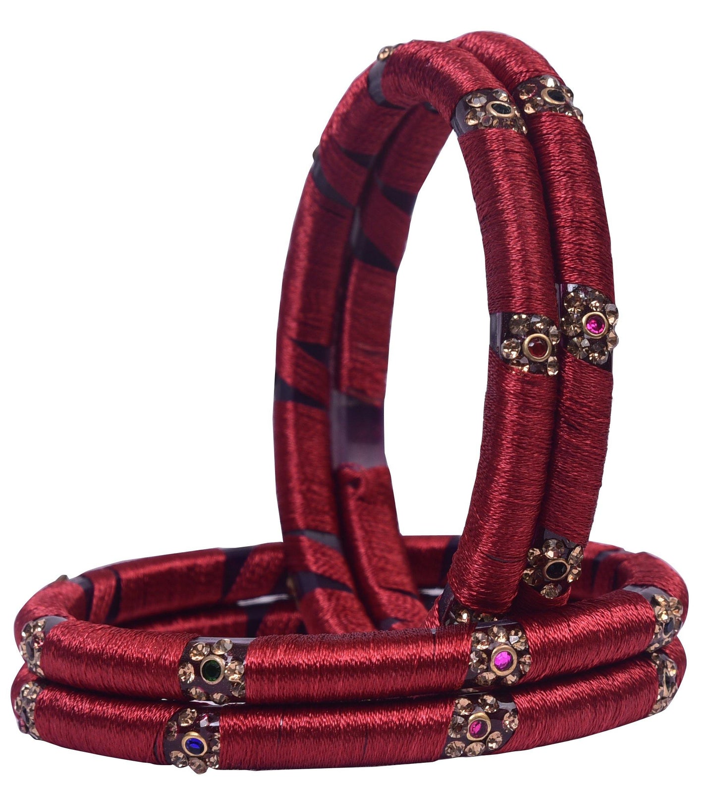 sukriti indian party wear silk thread acrylic maroon bangles for girls, women - set of 4