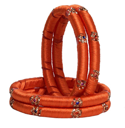 sukriti indian party wear silk thread acrylic orange bangles for girls, women - set of 4