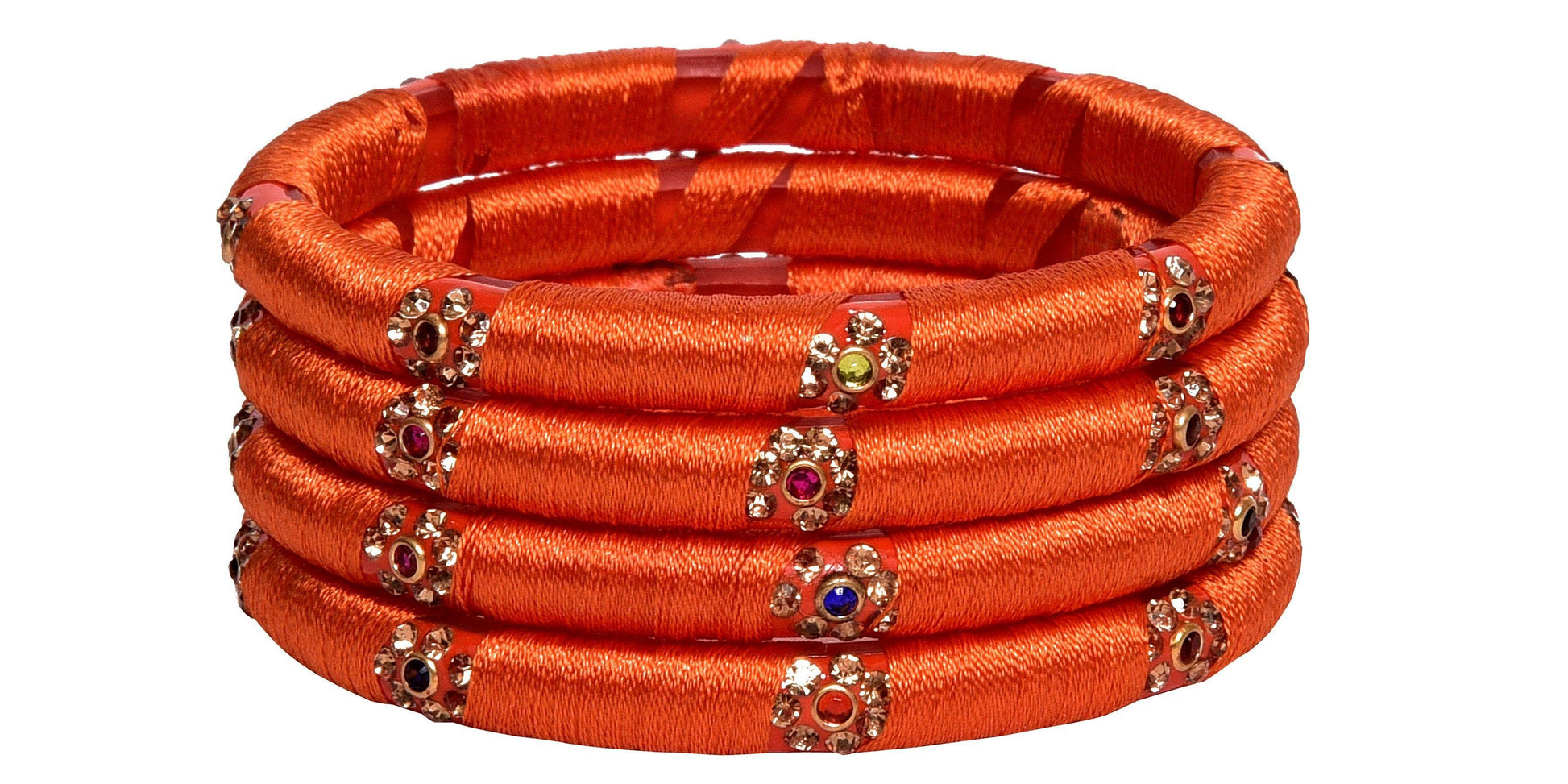 sukriti indian party wear silk thread acrylic orange bangles for girls, women - set of 4