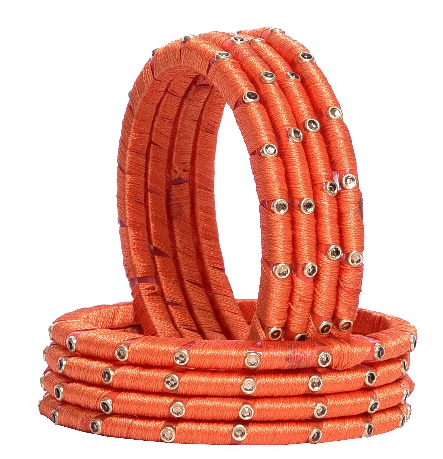 sukriti indian party wear silk thread acrylic orange bangles for girls, women - set of 8
