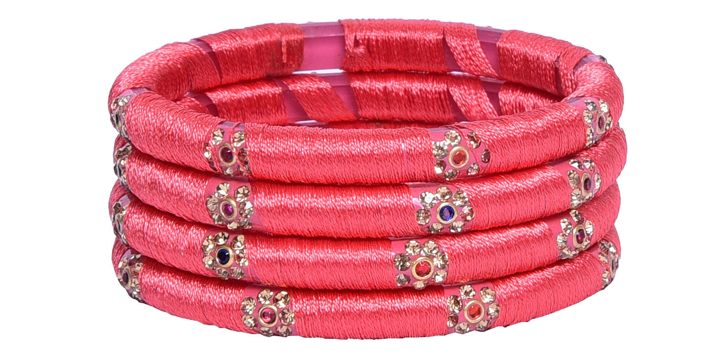 sukriti indian party wear silk thread acrylic pink bangles for girls, women - set of 4