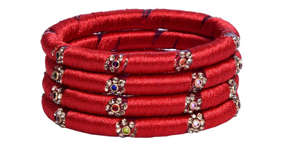 sukriti indian party wear silk thread acrylic red bangles for girls, women - set of 4