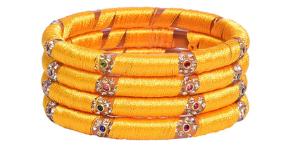 sukriti indian party wear silk thread acrylic yellow bangles for girls, women - set of 4