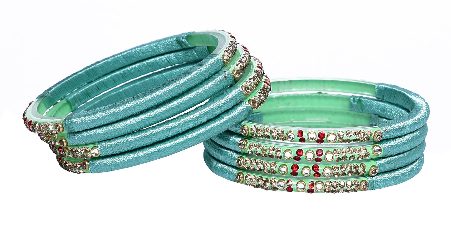 sukriti indian party wear teal silk thread bangles for women - set of 8