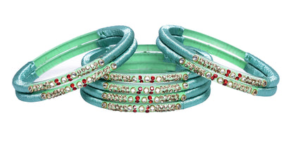sukriti indian party wear teal silk thread bangles for women - set of 8