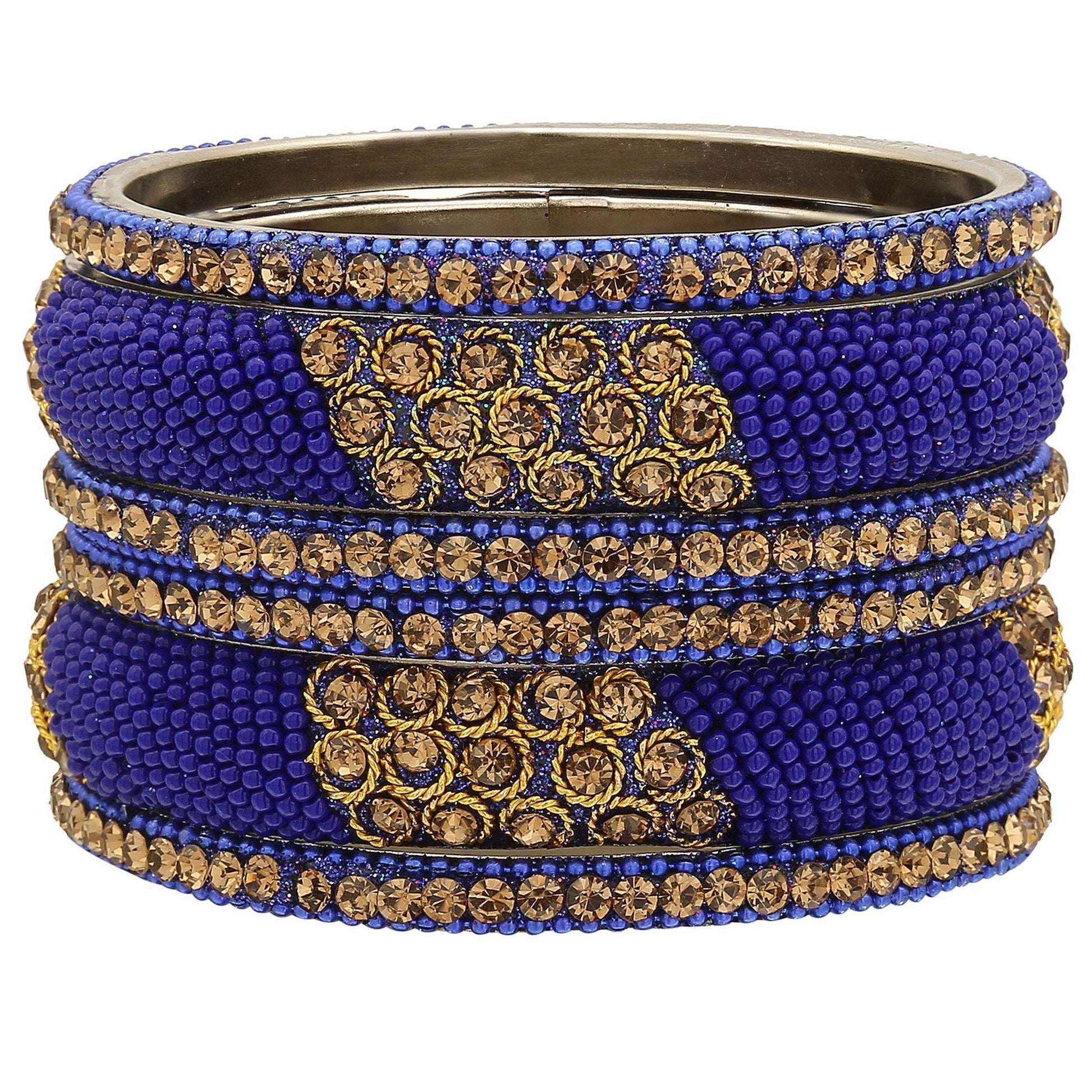 sukriti indian stylish beads studded brass blue bangles bollywood jewelry for women - set of 6
