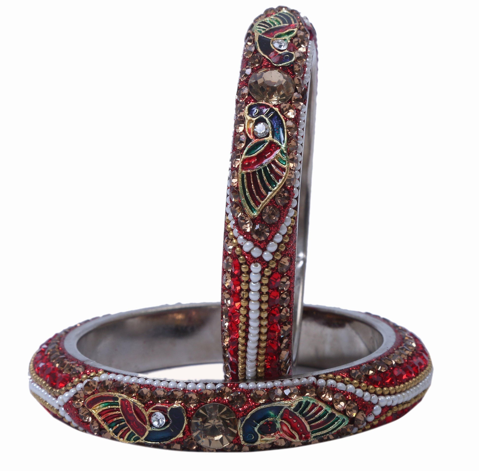 sukriti indian stylish peacock embellished red brass bangles for women & girls - set of 2