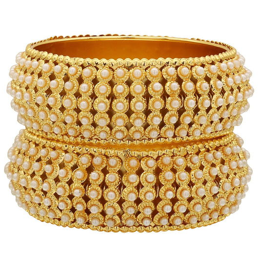sukriti indian traditional royal gold tone kundan moti bracelet bangles for girls & women - set of 2