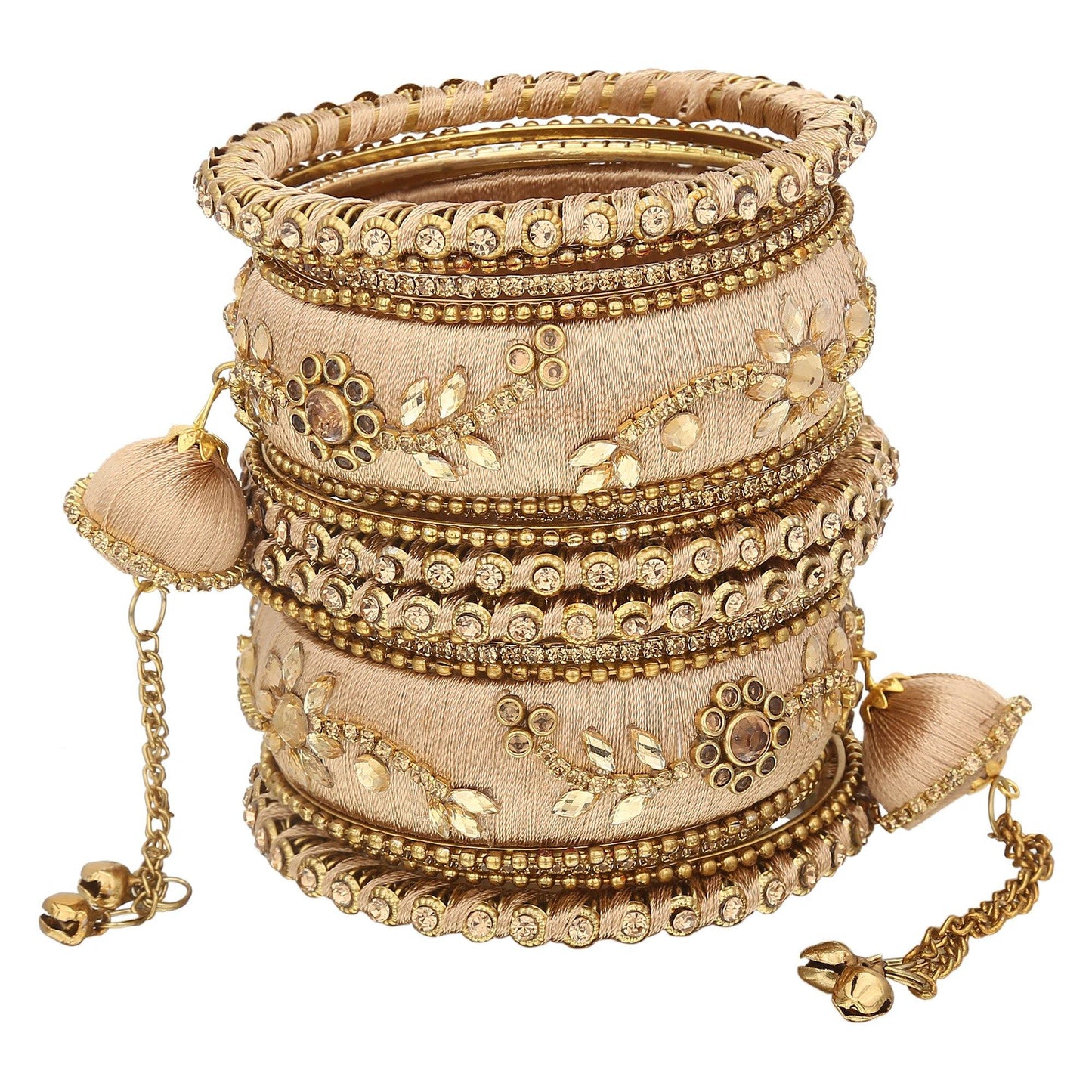 sukriti party wear silk thread tassel latkan gold bangles jewelry for girls & women – set of 18