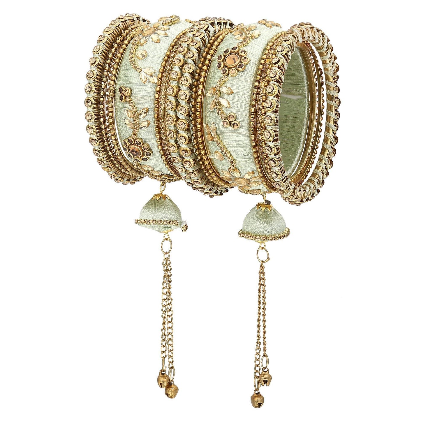 sukriti party wear silk thread tassel latkan green bangles jewelry for girls & women – set of 18