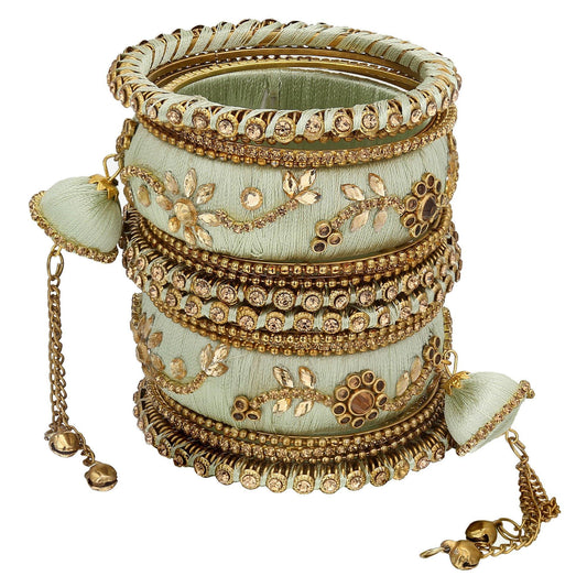 sukriti party wear silk thread tassel latkan green bangles jewelry for girls & women – set of 18