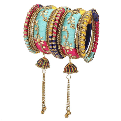 sukriti party wear silk thread tassel latkan multicolor bangles jewelry for girls & women – set of 18