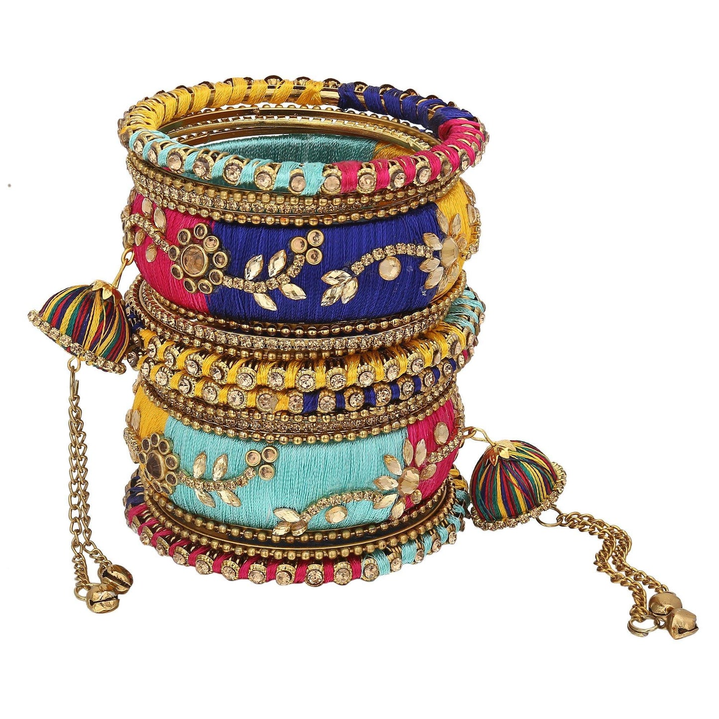 sukriti party wear silk thread tassel latkan multicolor bangles jewelry for girls & women – set of 18