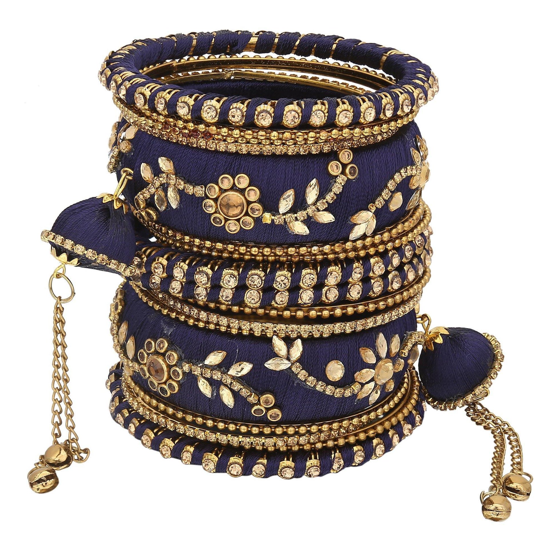 sukriti party wear silk thread tassel latkan navy-blue bangles jewelry for girls & women – set of 18