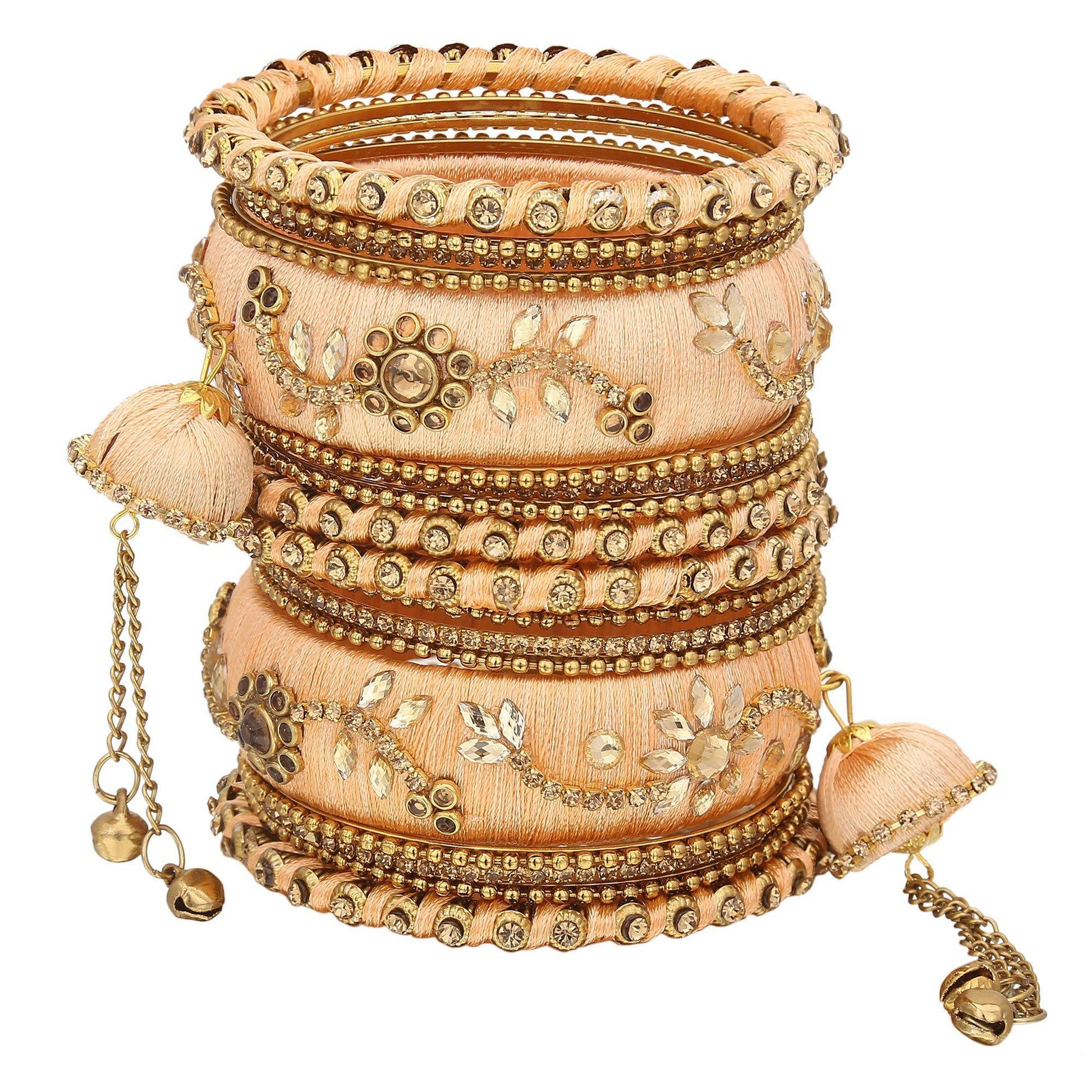 sukriti party wear silk thread tassel latkan peach bangles jewelry for girls & women – set of 18