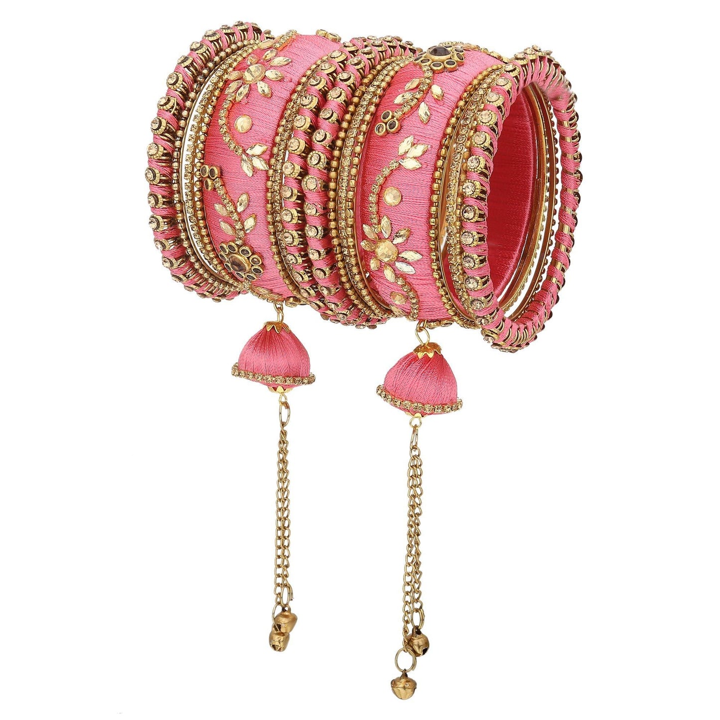 sukriti party wear silk thread tassel latkan pink bangles jewelry for girls & women – set of 18