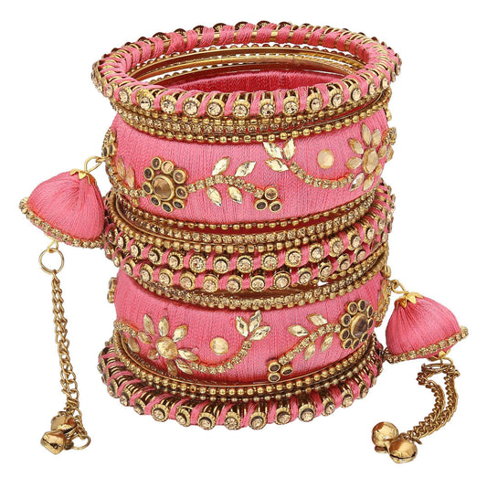 sukriti party wear silk thread tassel latkan pink bangles jewelry for girls & women – set of 18