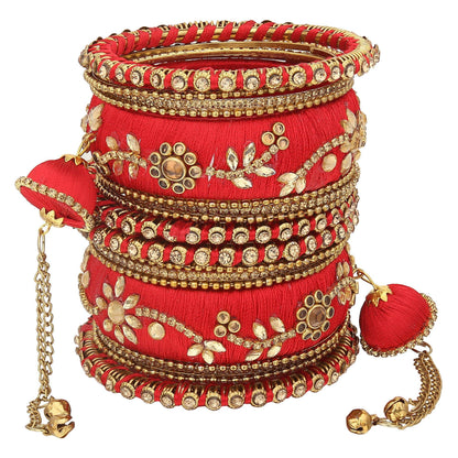 sukriti party wear silk thread tassel latkan red bangles jewelry for girls & women – set of 18