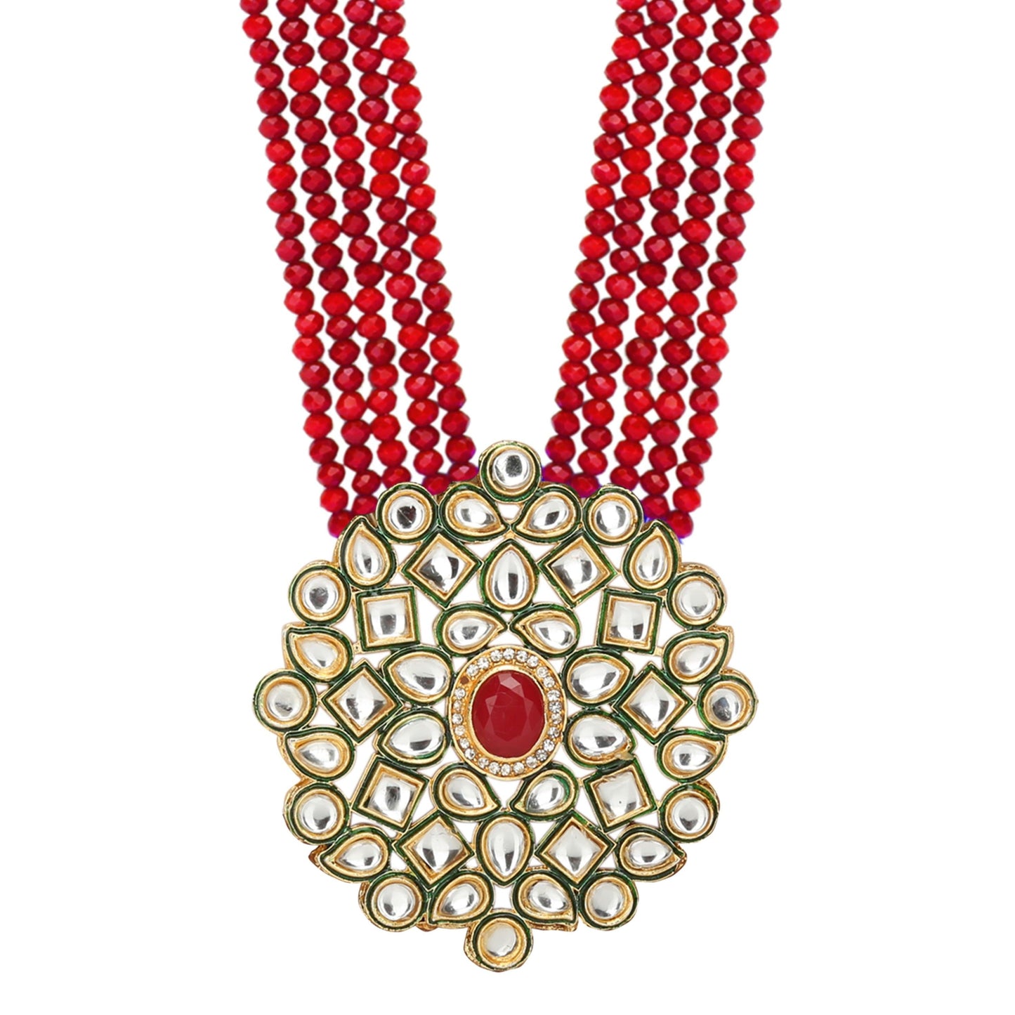 sukriti partywear 5 layered red crystal beads polki kundan earring pendant set jewelry for girls & women