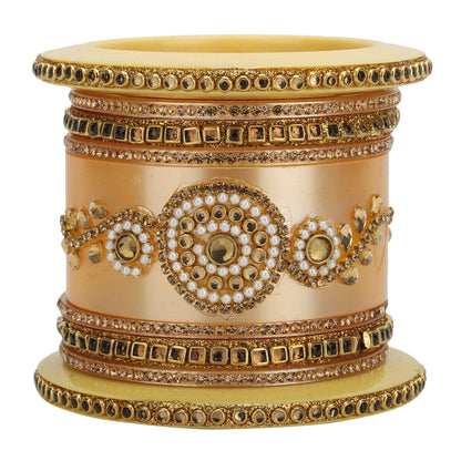 sukriti rajasthani handcrafted kundan pearl plastic golden bridal chuda bangles for women – set of 18