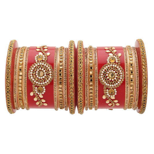 sukriti rajasthani handcrafted kundan pearl plastic red bridal chuda bangles for women – set of 18