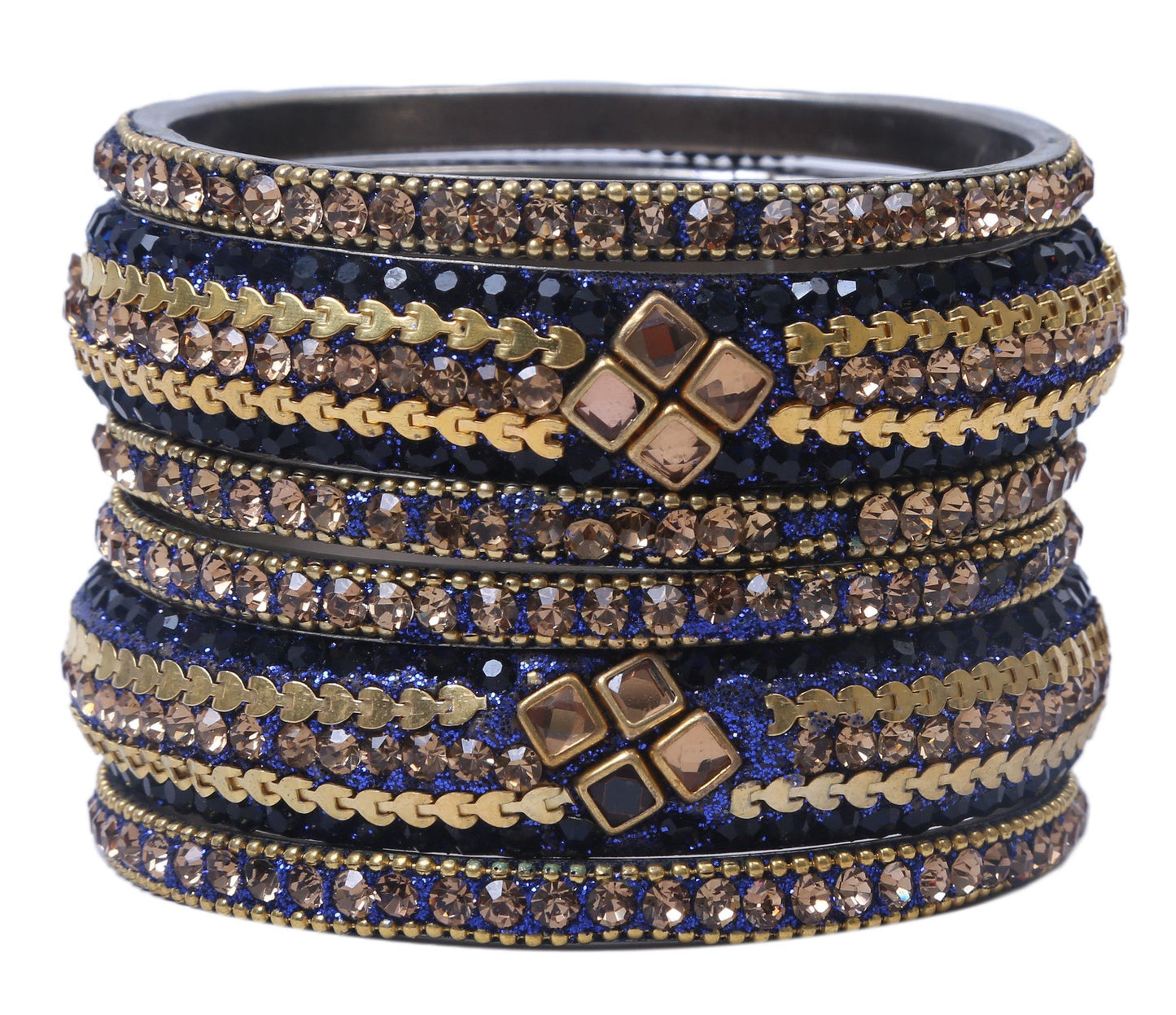 sukriti rajasthani kundan navy blue brass bangles for women - set of 6