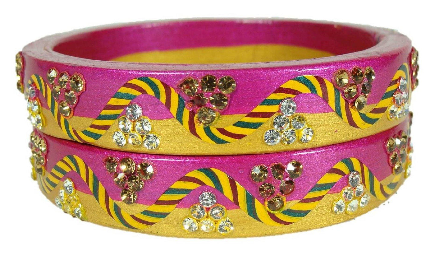 sukriti rajasthani lahariya golden-magenta lac bangles for women - set of 2
