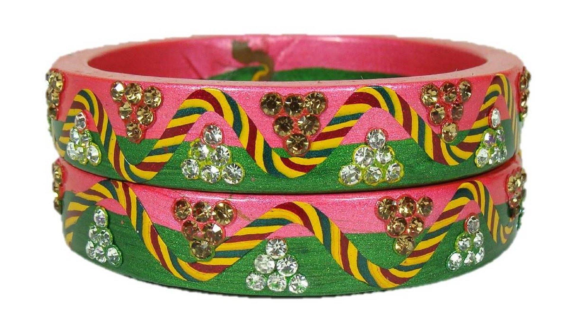 sukriti rajasthani lahariya green-pink lac bangles for women - set of 2