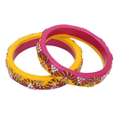 sukriti rajasthani lahariya yellow-magenta lac bangles for women - set of 2