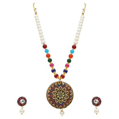 sukriti stylish adorable flower design pendant earrings set with pearl multicolor beads chain for girls & women