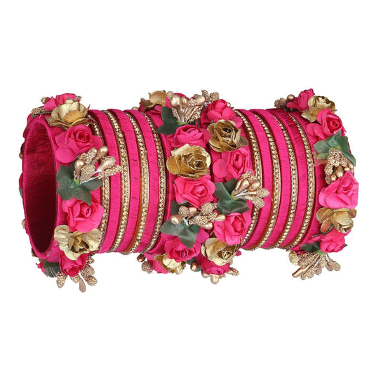sukriti stylish designer party wedding wear flower silk thread magenta bangles for girls & women – set of 18