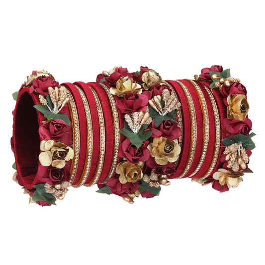 sukriti stylish designer party wedding wear flower silk thread maroon bangles for girls & women – set of 18
