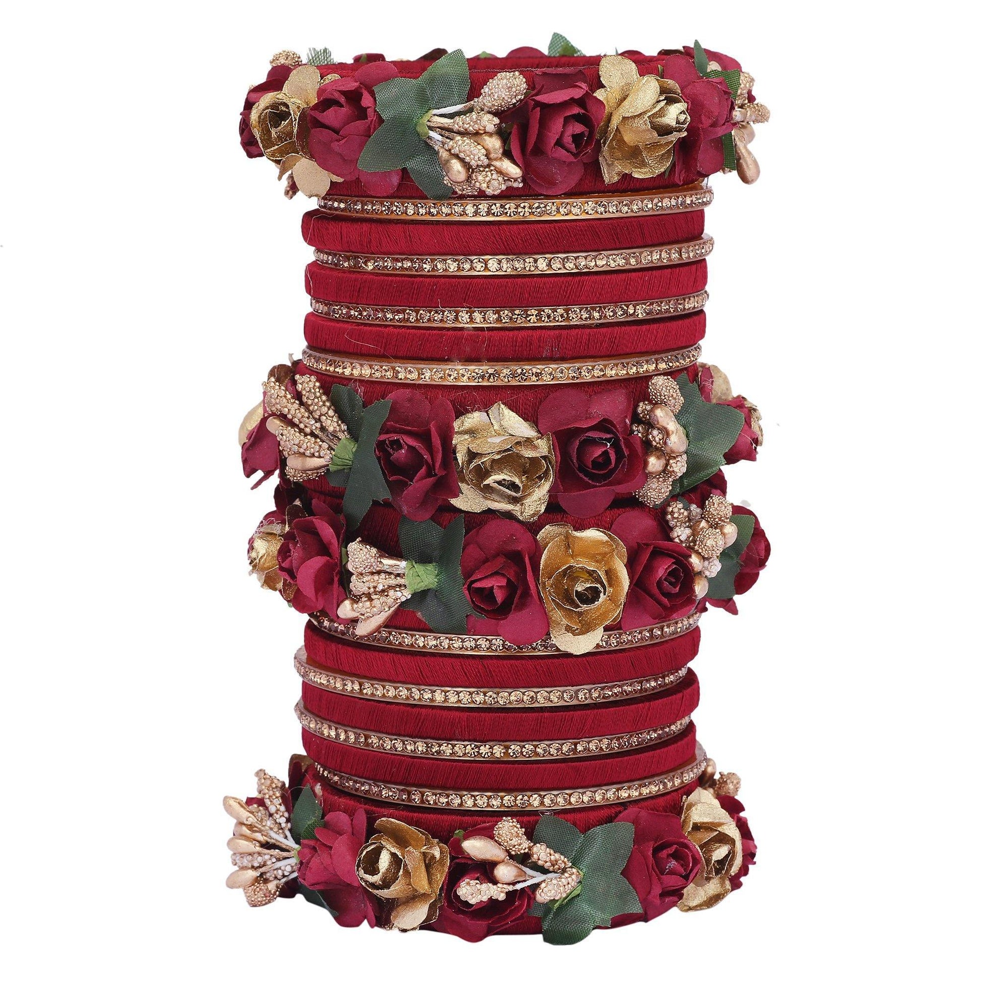 sukriti stylish designer party wedding wear flower silk thread maroon bangles for girls & women – set of 18