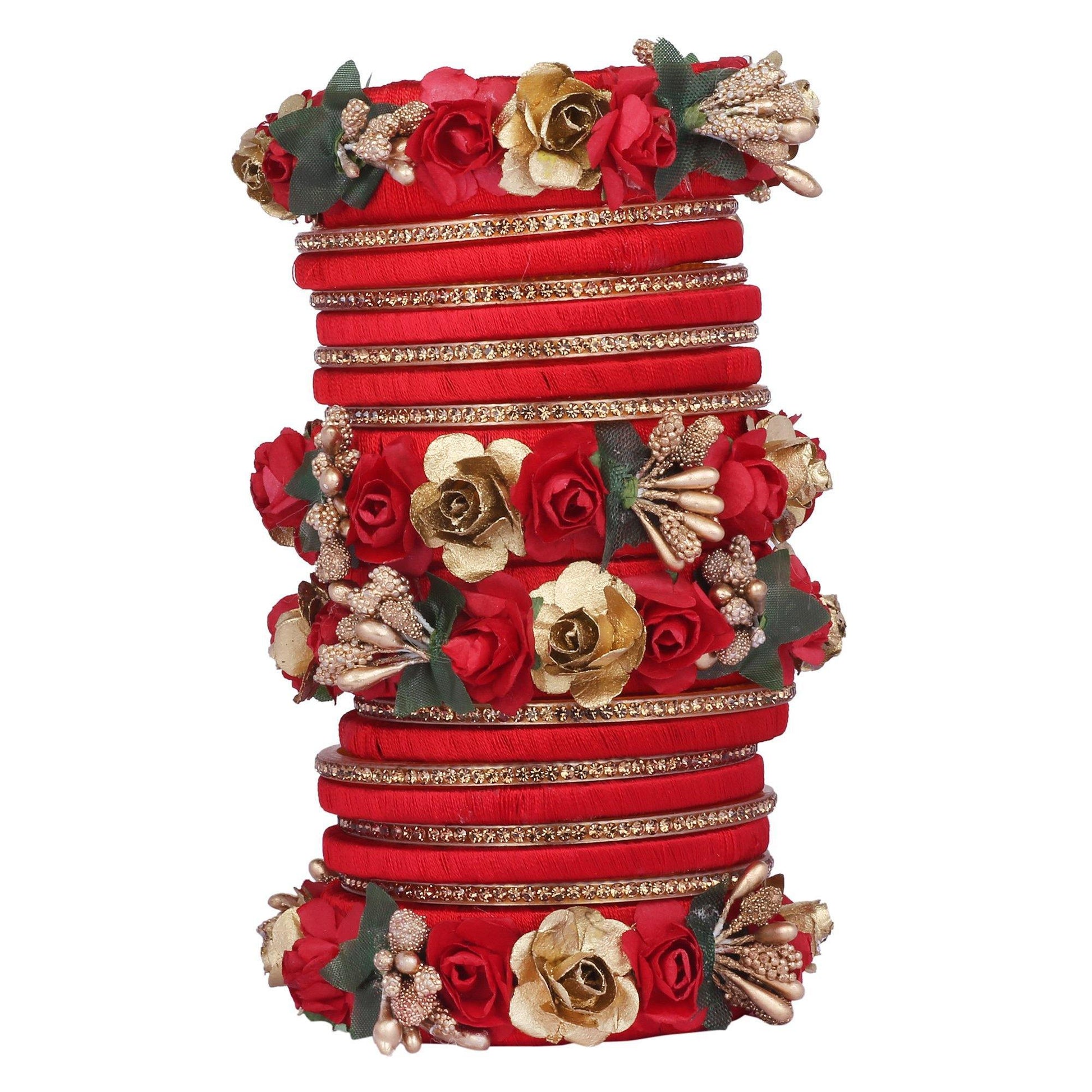 sukriti stylish designer party wedding wear flower silk thread red bangles for girls & women – set of 18