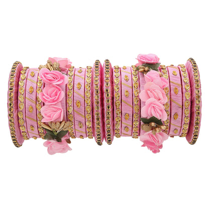 sukriti stylish handmade baby-pink flower designer silk thread plastic bridal chuda wedding bangles for women – set of 18